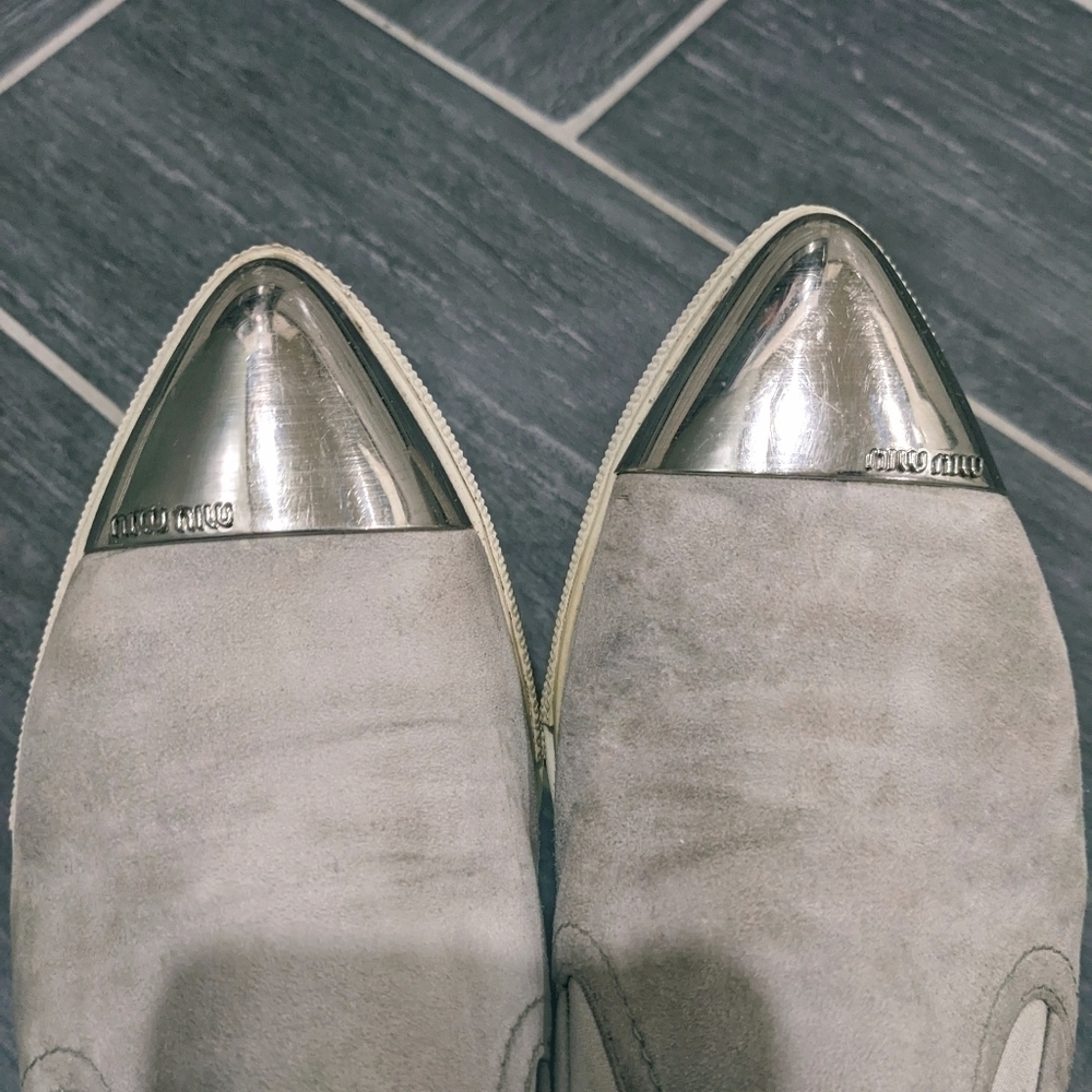 Miu Miu | Metallic Cap-Toe Skate Sneaker In Grey Suede View 5